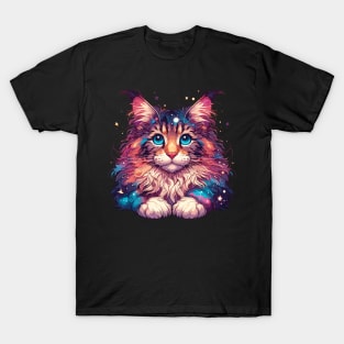 Colorful Maine Coon Cosmic Cat in Stars T-Shirt